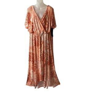 Rachel Roy Boho Maxi Dress Size 1X Abstract Print Coral Faux Wrap Coastal NWT